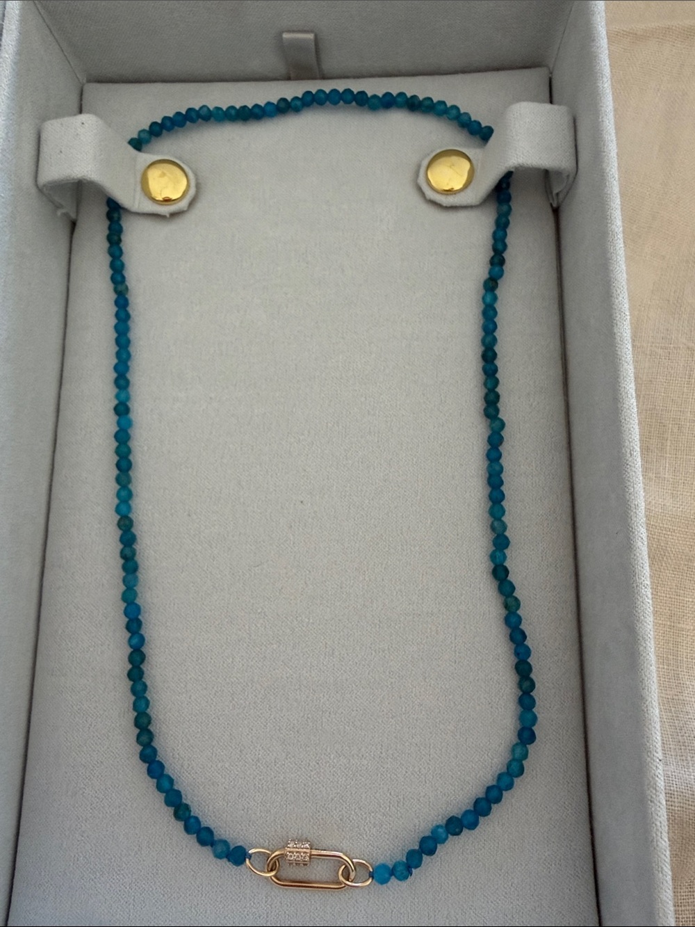 Babygold Blue Apatite 14K Necklace with 14K Diamond Barrel Charm Connector